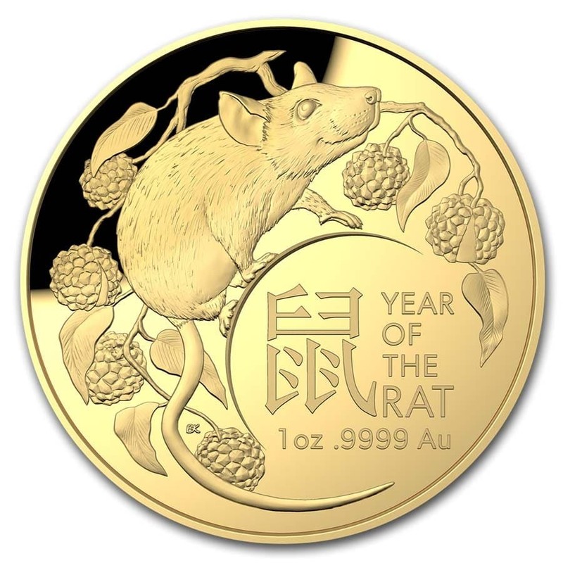 Золотая монета Австралии - Год Крысы, 2020 г.в. пруф (Королевский Монетный Двор), 31.1 г чистого золота (Проба 0,9999)