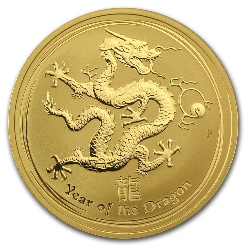 Золотая монета Австралии "Лунар II - Год Дракона" 2012 г., 31.1 г чистого золота (Проба 0,9999)