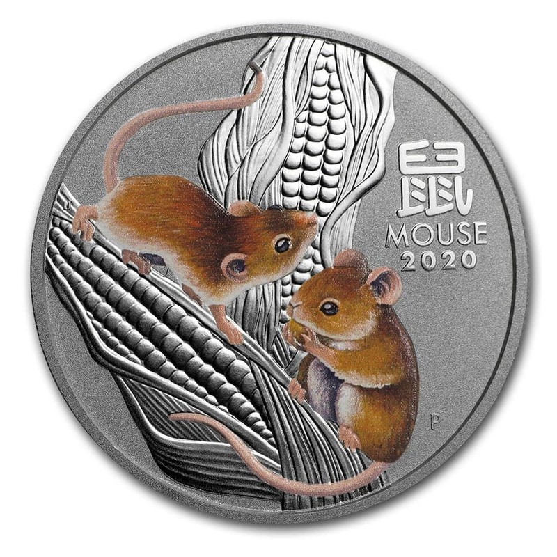 Серебряная монета Австралии "Лунный календарь III - Год Крысы", 2020 г.в. (анциркулейтед с цветом), 31,1 г чистого серебра (проба 0,9999)