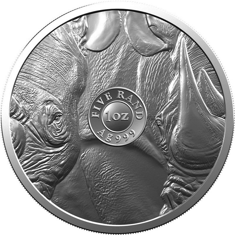 Серебряная монета ЮАР "Большая пятерка: Носорог" 2020 г.в., 31,1 г чистого серебра (Проба 0,999)