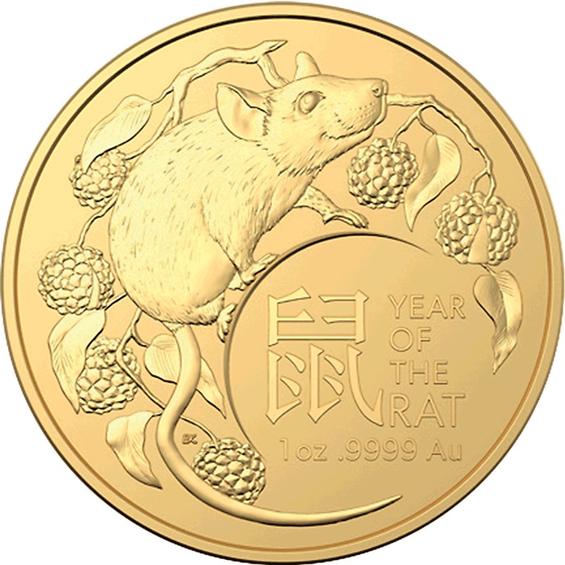 Золотая монета Австралии - Год Крысы, 2020 г.в. (Королевский Монетный Двор), 31.1 г чистого золота (Проба 0,9999)