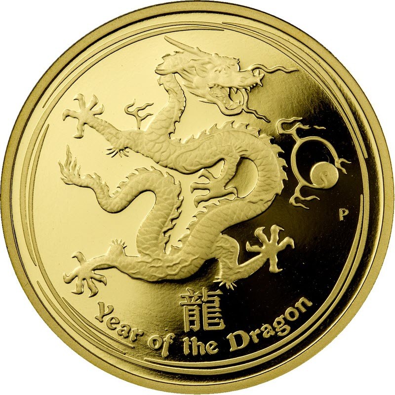 Комиссия: Золотая инвестиционная монета Австралии из серии Лунар II «Год Дракона» 2012 г.в., 31.1 г чистого золота (проба 0,9999)