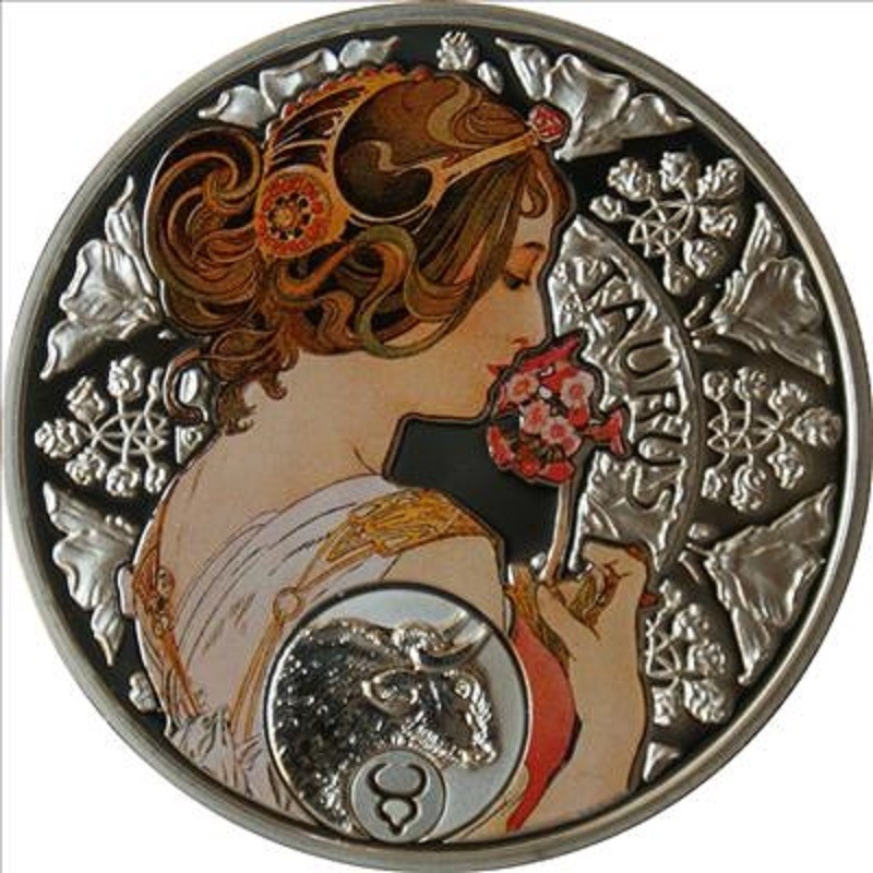 Серебряная монета Ниуэ "Зодиак Альфонса Мухи - Телец" 2011 г.в., 26.16 г чистого серебра (Проба 0,925)