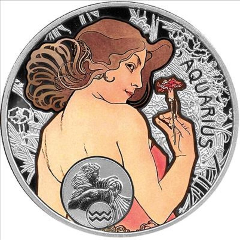 Серебряная монета Ниуэ "Зодиак Альфонса Мухи - Водолей" 2011 г.в., 26.16 г чистого серебра (Проба 0,925)
