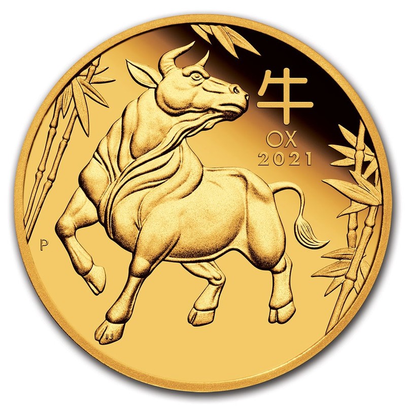 Золотая монета Австралии "Лунар III - Год Быка" 2021 г.в., 31.1 г чистого золота (Проба 0,9999)