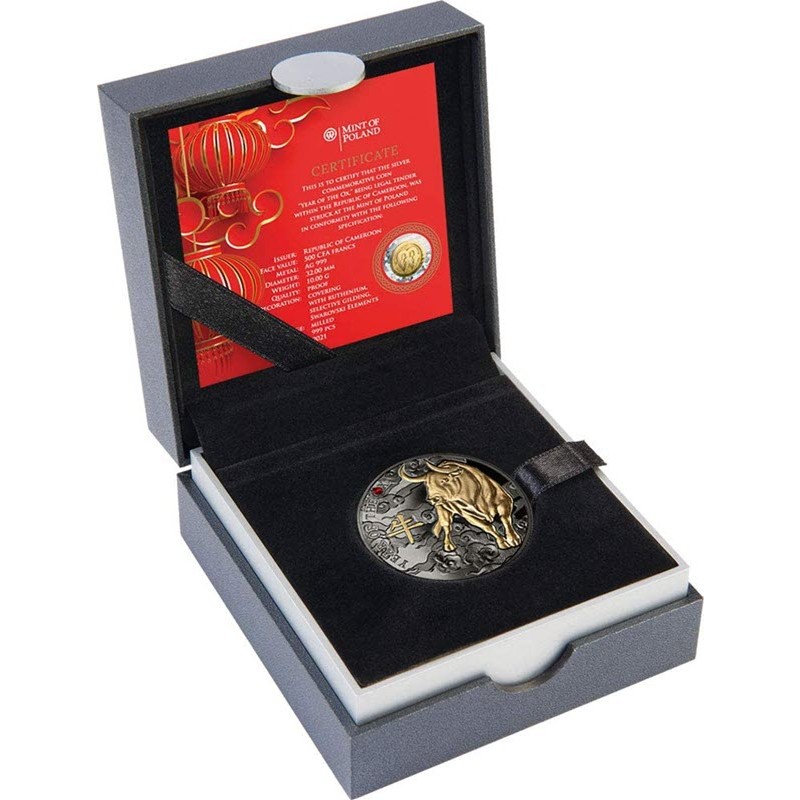 Серебряная монета Камеруна "Год Быка" 2021 г.в., 10 г чистого серебра (Проба 0,999)
