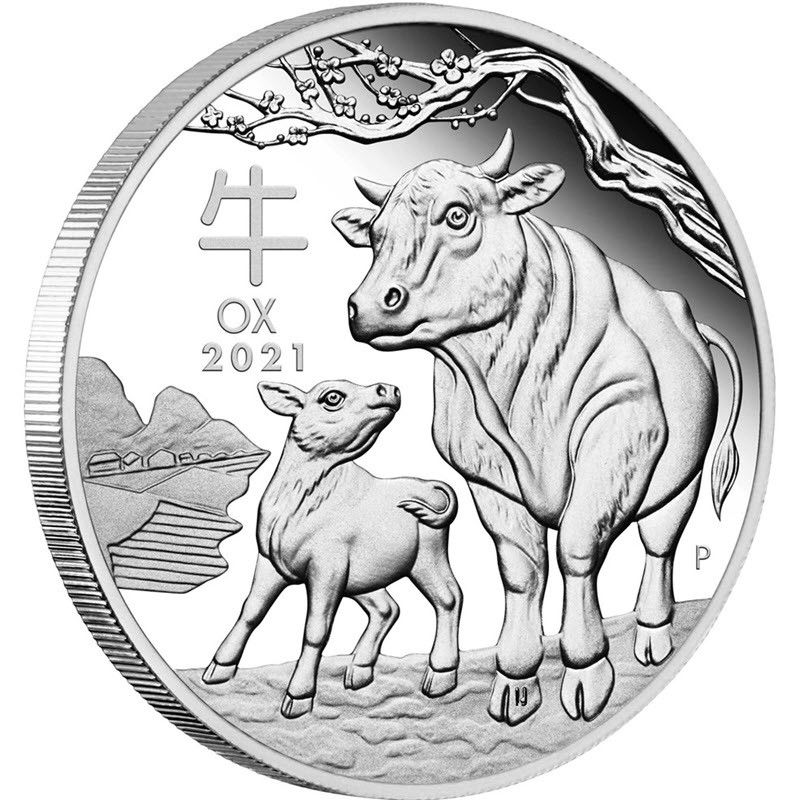 Серебряная монета Австралии "Лунный календарь III - Год Быка" 2021 г.в., 31.1 г чистого серебра (Проба 0,9999)