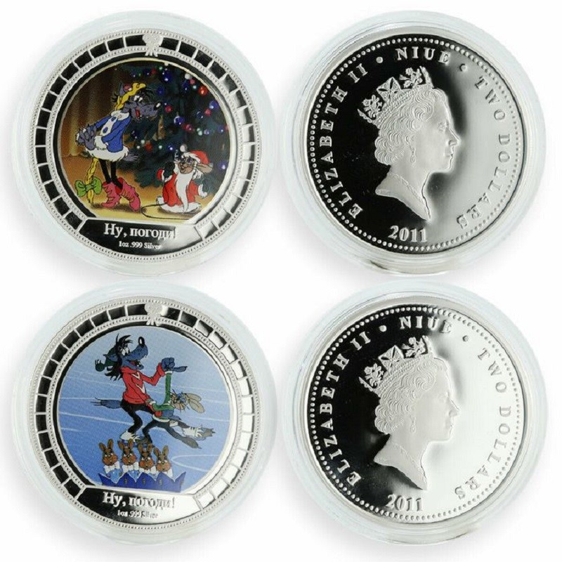 Набор из 2-х серебряных монет Ниуэ "Ну, погоди!" 2011 г.в., 2 * 31.1 г чистого серебра (Проба 0,999)