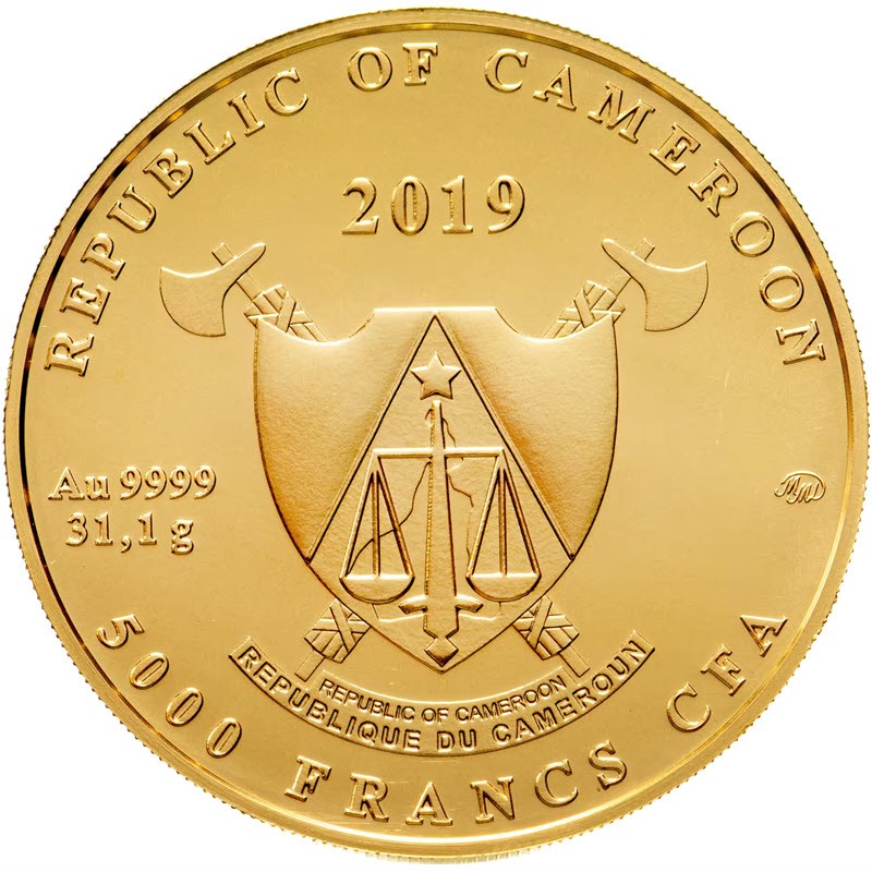 Золотая монета Камеруна "Князь Александр Невский" (анциркулейтед), 31,1 г чистого золота (проба 0,9999)