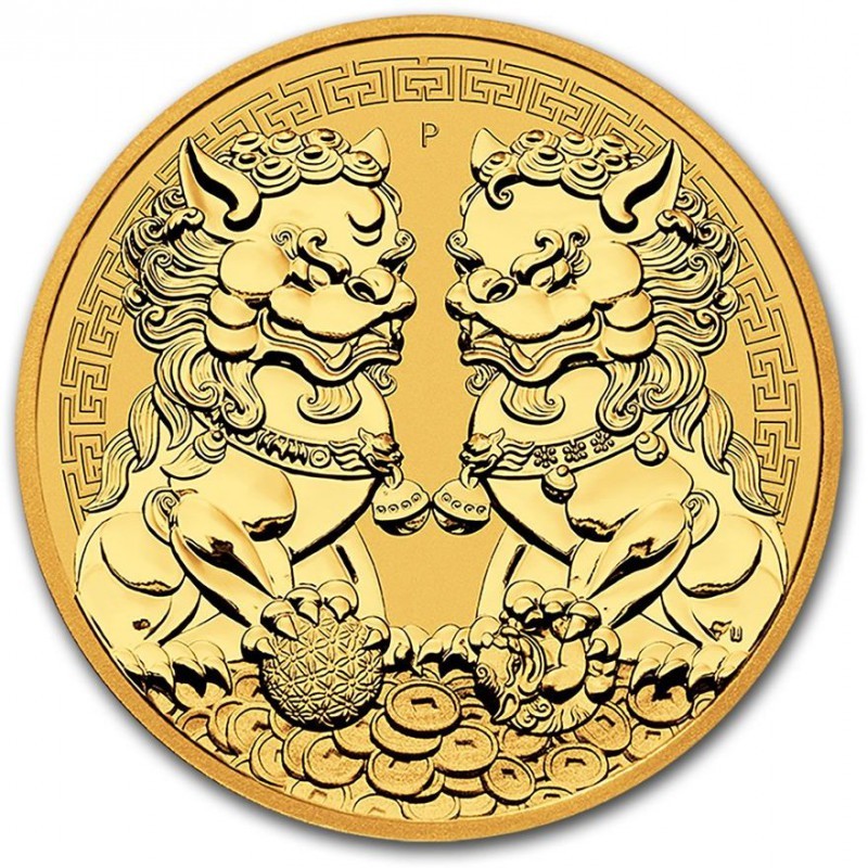 Золотая монета Австралии "Львы-хранители Пиксиу" 2021 г.в., 31.1 г чистого золота (Проба 0,9999)