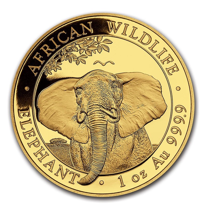 Золотая инвестиционная монета Сомали - Слон, 2021 г.в., 31.1 г чистого золота (проба 0,999)