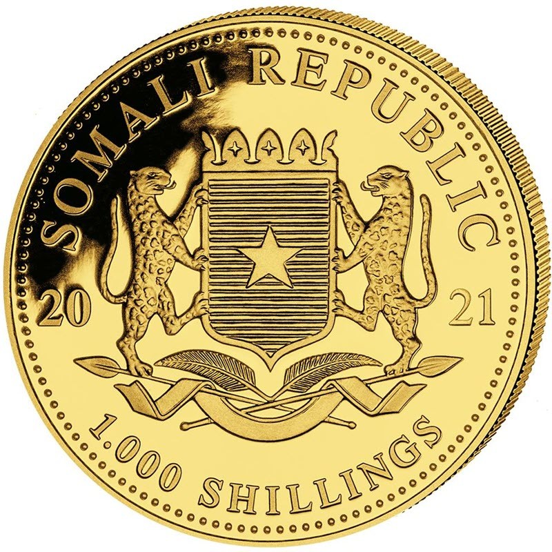 Золотая монета Сомали "Леопард" 2021 г.в., 155.5 г чистого золота (Проба 0,9999)