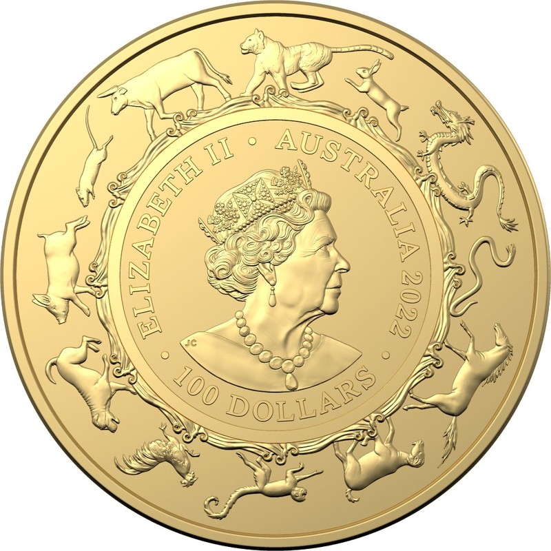 Золотая монета Австралии "Год Тигра" 2022 г.в. (Королевский монетный двор), 31.1 г чистого золота (Проба 0,9999)