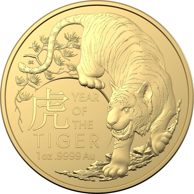 Золотая монета Австралии "Год Тигра" 2022 г.в. (Королевский монетный двор), 31.1 г чистого золота (Проба 0,9999)