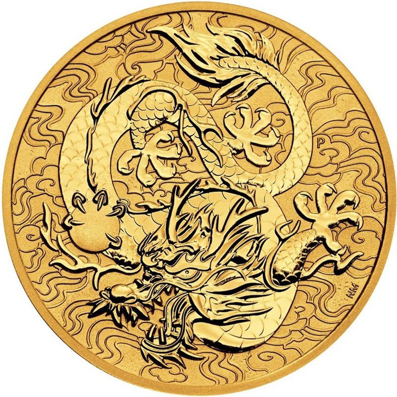 Золотая монета Австралии "Дракон" 2022 г.в., 31.1 г чистого золота (проба 0,9999)