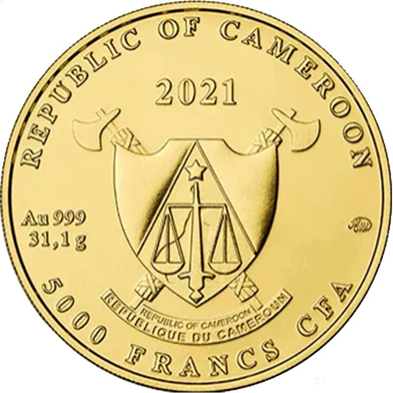 Золотая монета Камеруна "Князь Юрий Долгорукий" 2021 г.в., 31.1 г чистого золота (Проба 0,999)