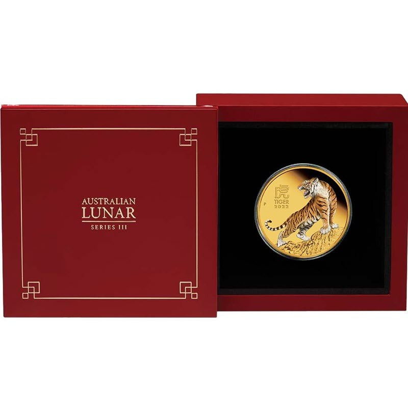 Золотая монета Австралии "Лунар III - Год Тигра" 2022 г.в.(пруф с цветом), 31.1 г чистого золота (Проба 0,9999)