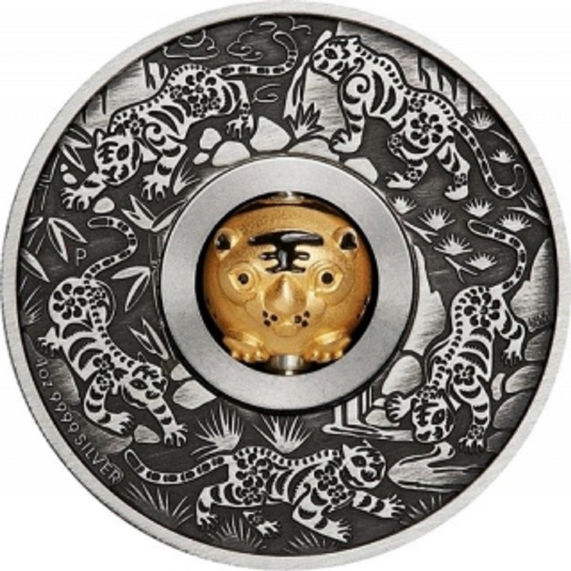 Серебряная монета Тувалу "Год Тигра (с шармом)" 2022 г.в., 31.1 г чистого серебра (Проба 0,9999)