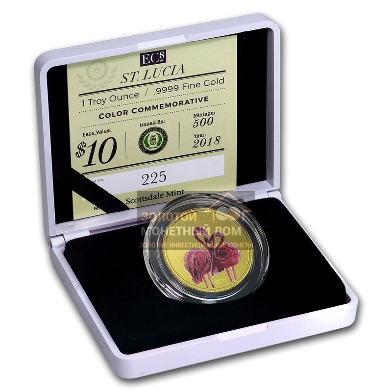 Комиссия: Золотая монета Сент-Люсии «Фламинго» 2018 г.в. (с цветным изображением), 31,1 г чистого золота (проба 0,9999)