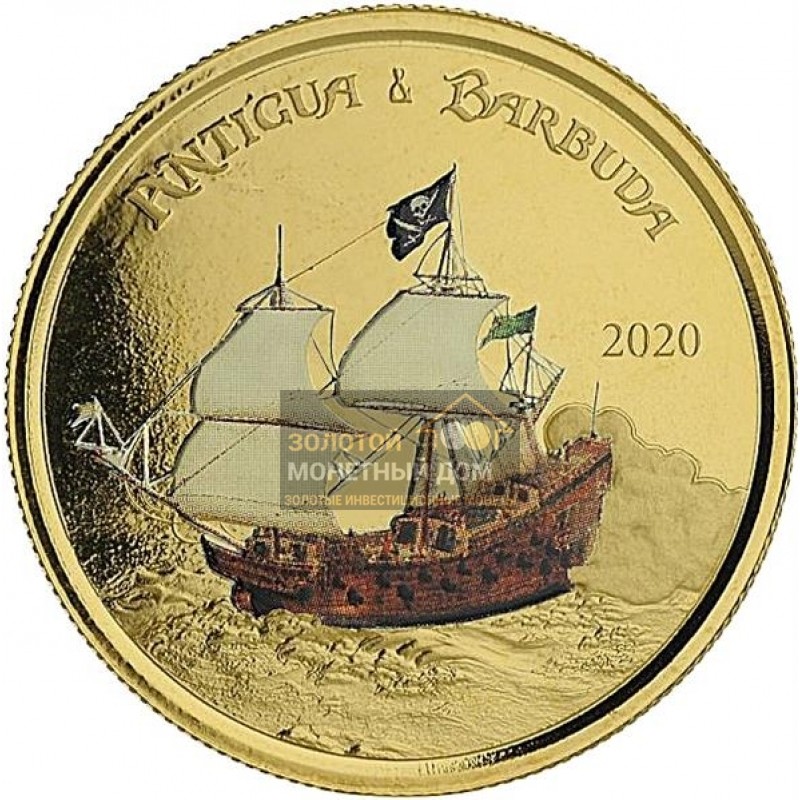 Комиссия: Золотая монета Антигуа и Барбуды «Торговля ромом» с цветным изображением 2020 г.в., 31,1 г чистого золота (проба 0,9999)