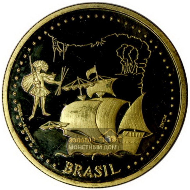 Комиссия: Золотая монета Португалии «Открытие Бразилии» 1999 г.в., 24,9 г чистого золота (проба 0,917)