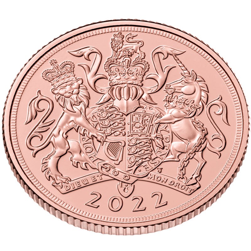 Золотая монета Великобритании "Соверен Елизаветы II (с королевским гербом)" 2022 г.в., 7.32 г чистого золота (Проба 0,917)