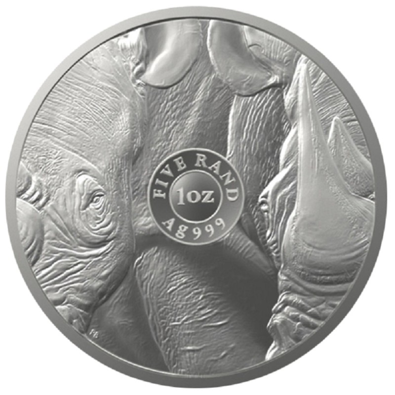 Серебряная монета ЮАР "Большая пятерка -II: Носорог" 2022 г.в., 31.1 г чистого серебра (Проба 0,999)