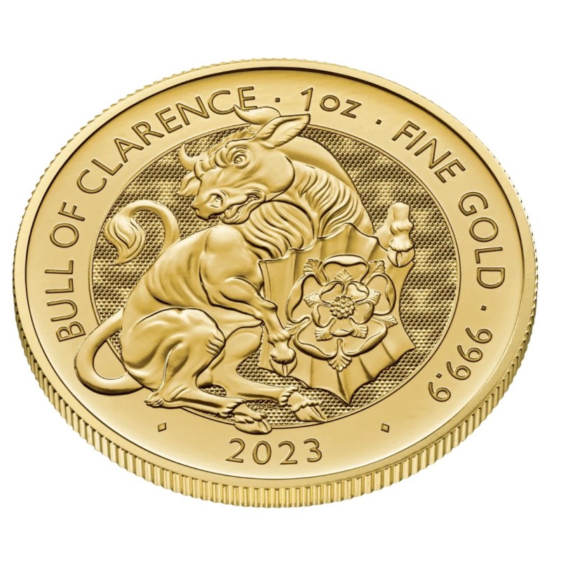 Золотая монета Великобритании "Королевские звери Тюдоров. Бык Кларенса" 2023 г.в., 31.1 г чистого золота (Проба 0,9999)