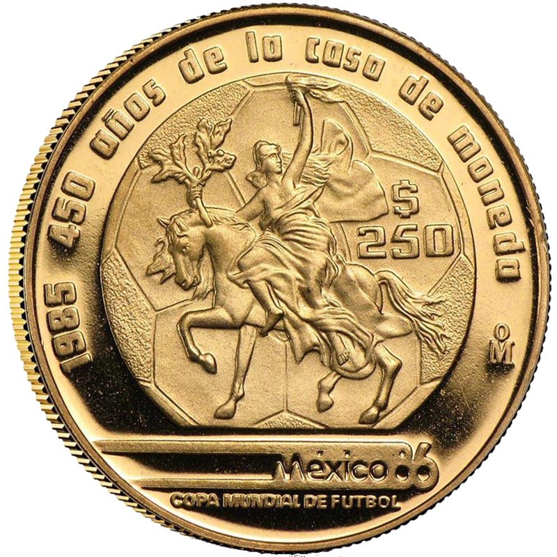 Комиссия: Золотая монета Мексики «Кубок мира - Мексика 1986» 1985 г.в., 7.78 г чистого золота (проба 900)