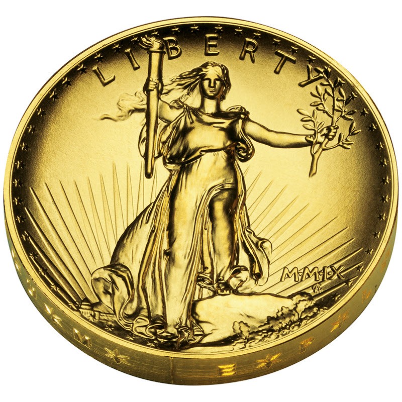 Золотая монета США «Двойной Орел» 2009 г.в., (высокий рельеф), (грейдинг MS70), 31.1 г чистого золота (проба 9999)