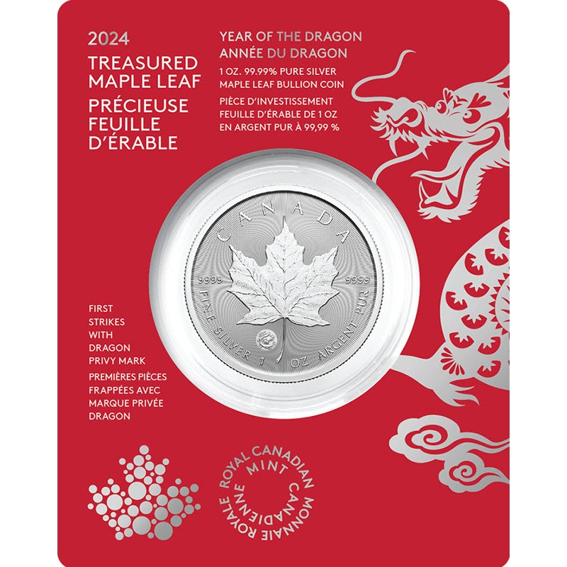 Серебряная монета Канады «Кленовый Лист. Год Дракона» 2024 г.в.,  31.1 г чистого серебра (проба 9999)