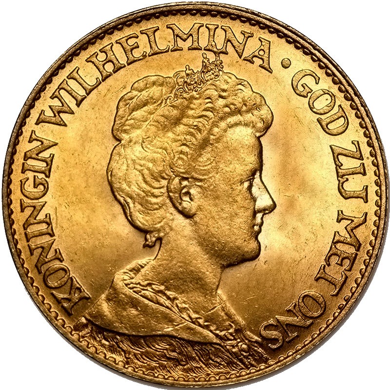 Золотая монета Нидерландов «Королева Вильгельмина I 1911-1917», 6.06 г чистого золота (проба 0.900)
