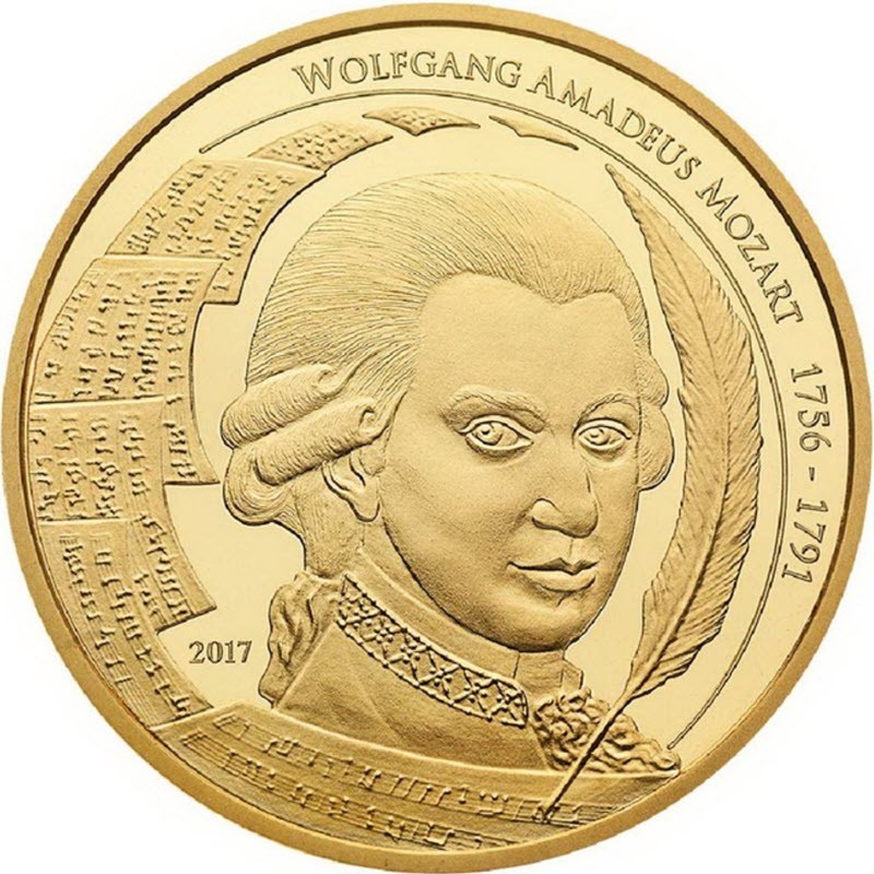 Золотая монета Палау  «Вольфганг Амадей Моцарт» 2017 г.в., 31.1 г чистого золота (проба 0.99999)