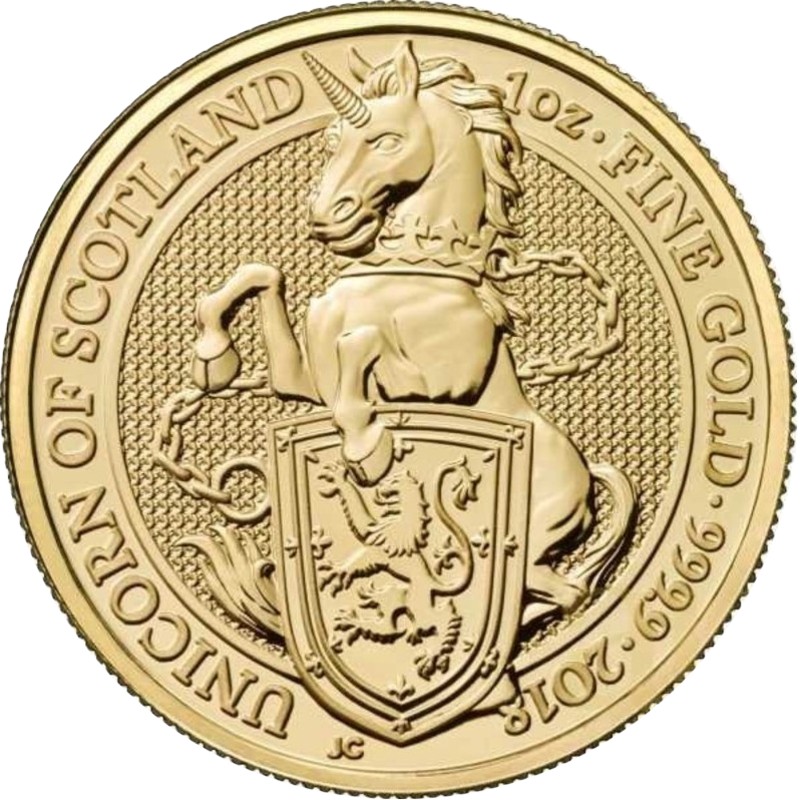 Золотая инвестиционная монета Великобритании - Единорог, 2018 г.в., 31.1 г чистого золота (проба 0,9999)