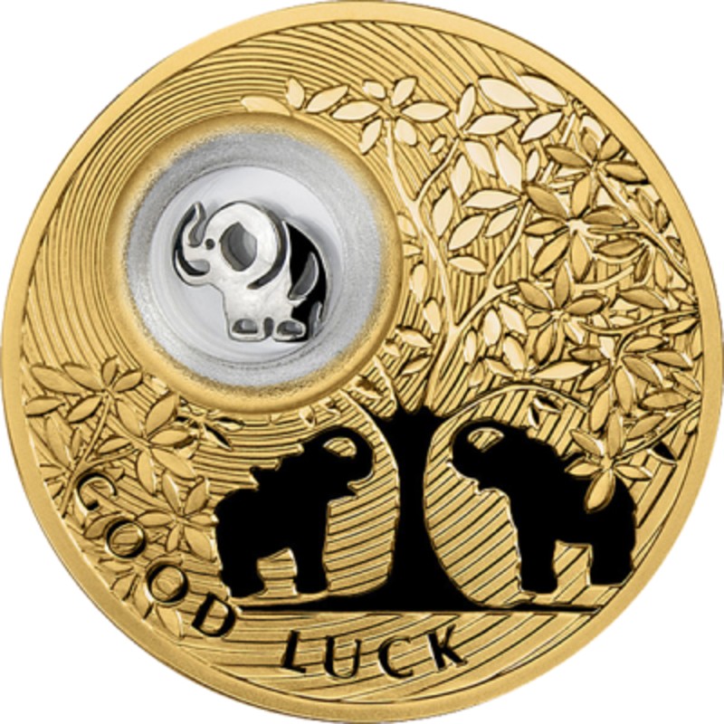 Серебряная монета Ниуэ "Слоник - На удачу" 2013 г. 28,28 г чистого серебра с позолотой (Проба 0,925)