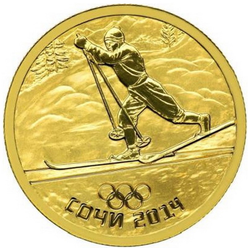 Золотая инвестиционная монета Сочи - «Виды спорта – Лыжный спорт» (Санкт-Петербургский монетный двор - СПМД), вес чистого золота - 7,78 г (проба 0,999)