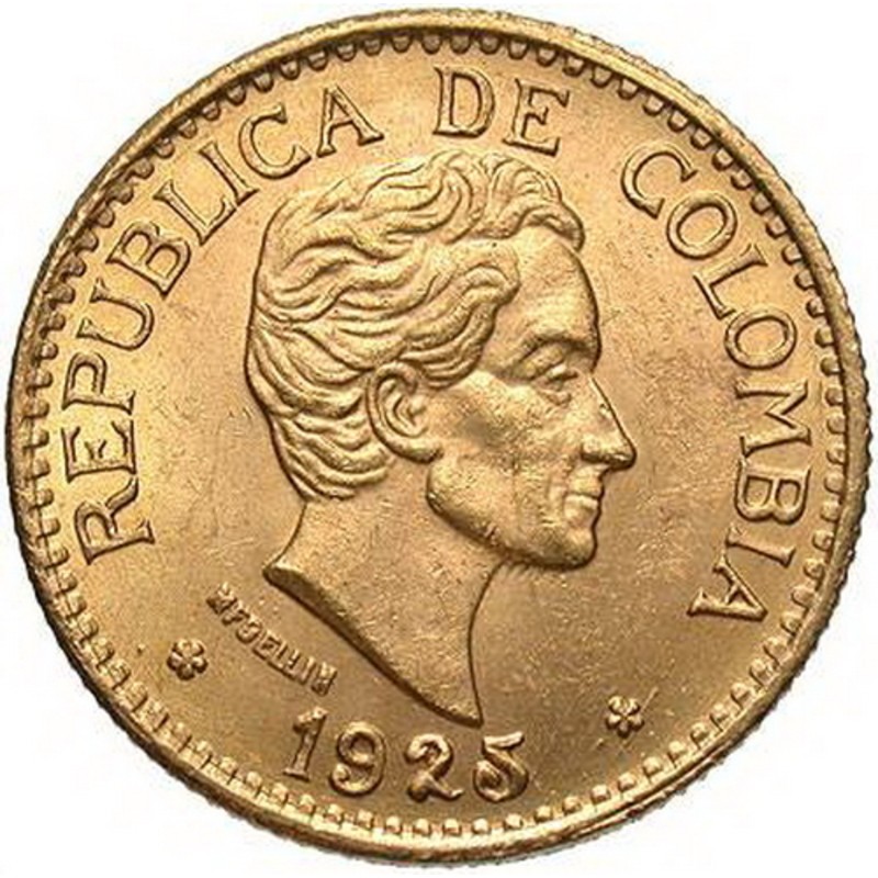 Золотая монета Колумбии «5 песо» (маленькая голова) , 7.32 г чистого золота (проба 0.917)