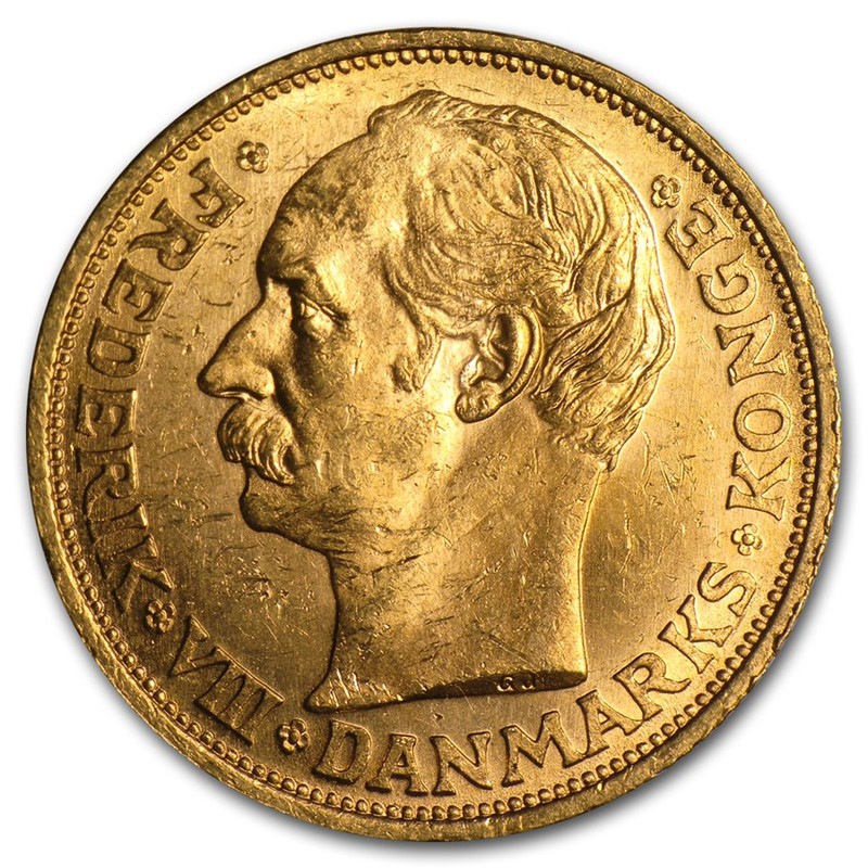 Золотая старинная монета Дании 20 крон 1908-1912 г.в. Фредерик VIII, 8,06 г чистого золота (проба 0,900)