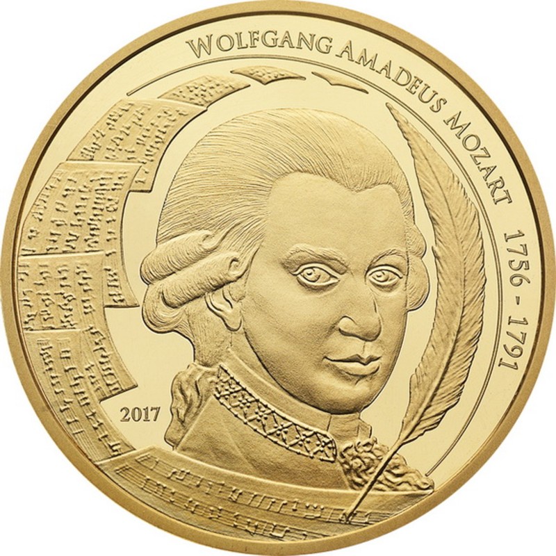 Золотая монета Палау «Вольфганг Амадей Моцарт» 2017 г.в., 15.5 г чистого золота (проба 0.99999)