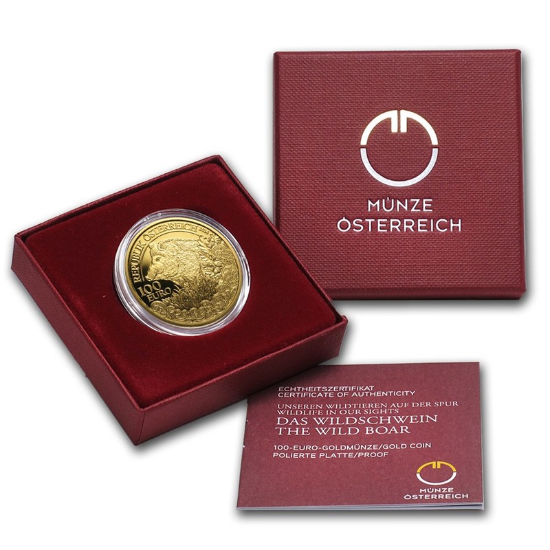 Золотая монета Австрии "Дикая природа. Кабан" 2014 г.в., 16 г чистого золота (проба 0.986)