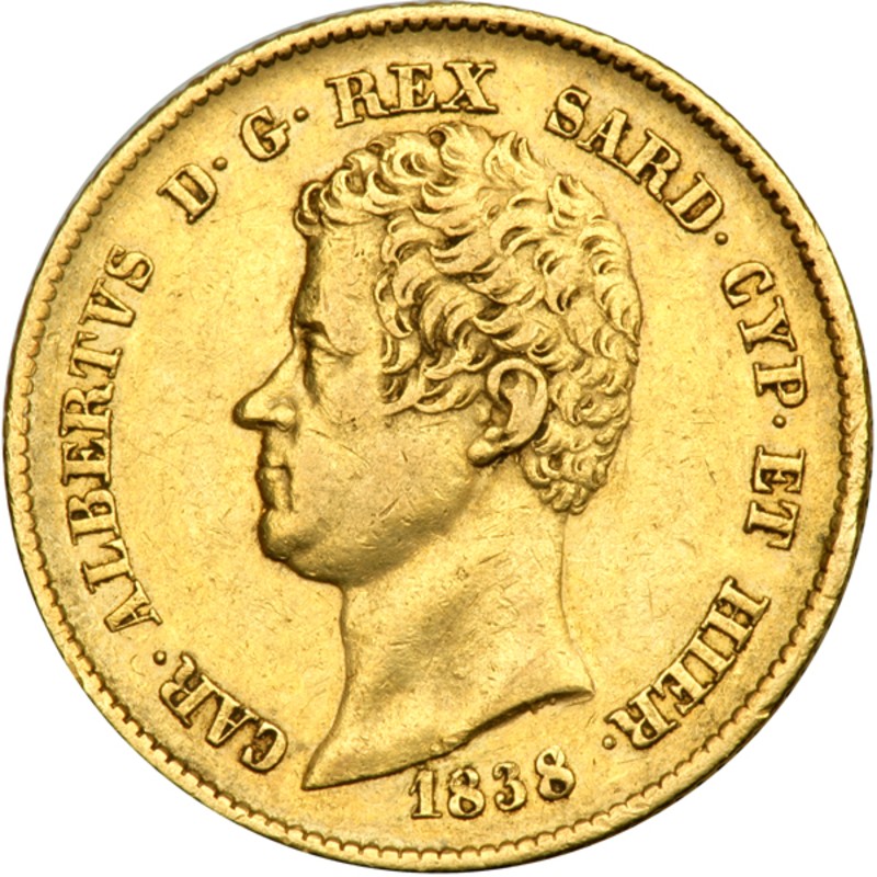 Золотая монета Сардинии «20 лир Карла Альберта (1831-1849 г.г.)» 5.81 г чистого золота (проба 0.900)
