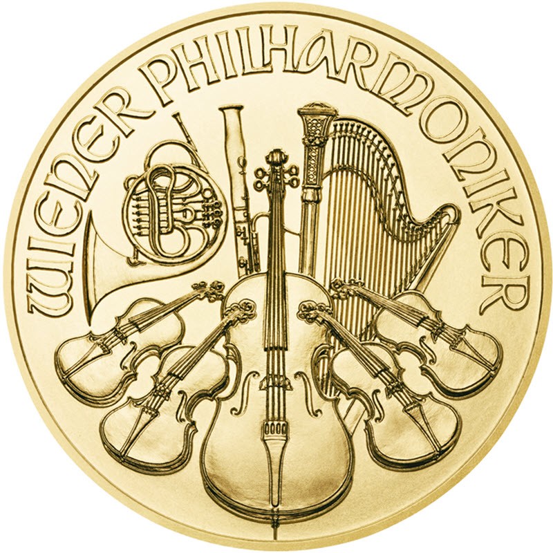 Золотая инвестиционная монета Австрии - Венский Филармоникер 1/10 унции (3,11 г) чистого золота (проба 0,9999)