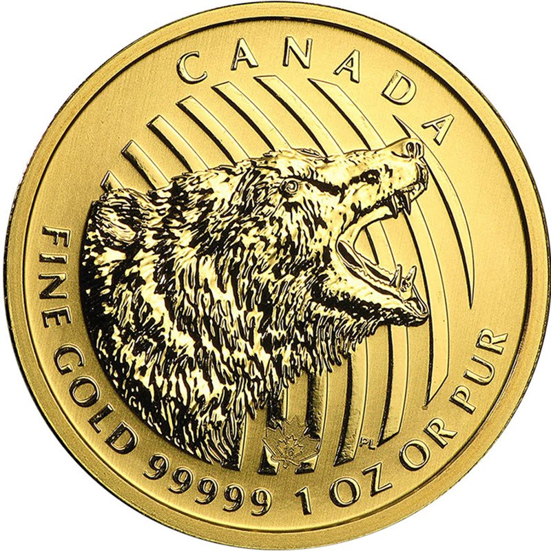 Золотая инвестиционная монета Канады - Рычащий Гризли, 1 унция (31.1 г) чистого золота (проба 0,99999)