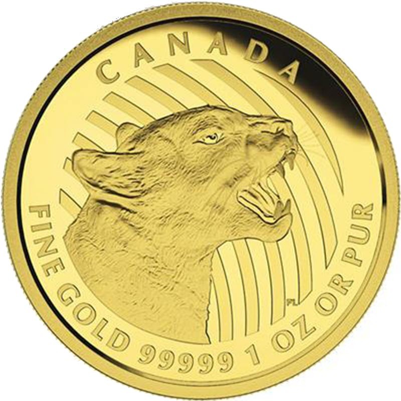 Канадская инвестиционная золотая монета Рычащая пума, 1 унция (31,1 г) чистого золота (проба 0,99999)