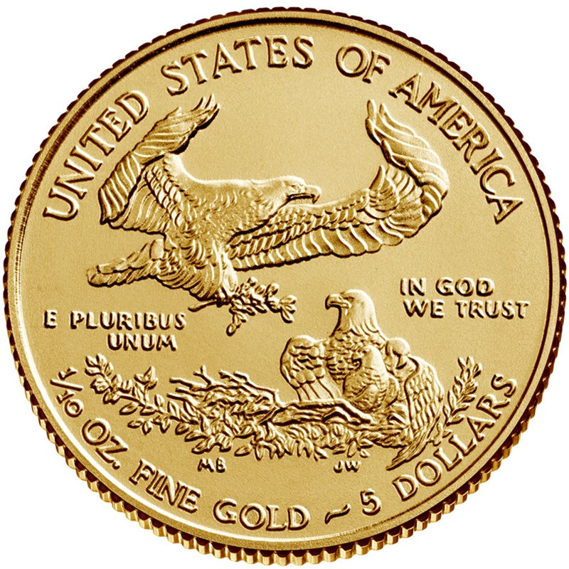 Золотая инвестиционная монета США Американский Орел, 1/10  унции (3,11 г чистого золота), проба 0,9167