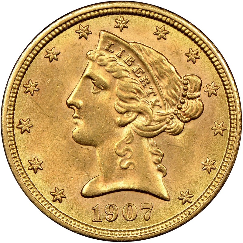 Золотая монета США «Голова Свободы. 5 долларов», 7.52 г чистого золота (проба 0.900)