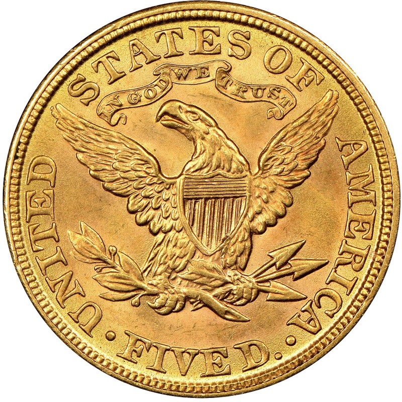 Золотая монета США «Голова Свободы. 5 долларов», 7.52 г чистого золота (проба 0.900)