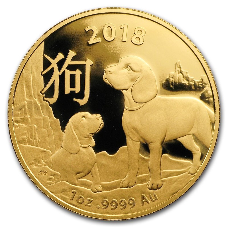 Золотая монета Австралии - Год Собаки, 2018 г.в. (Королевский Монетный Двор), 31,1 г чистого золота (Проба 0,9999)