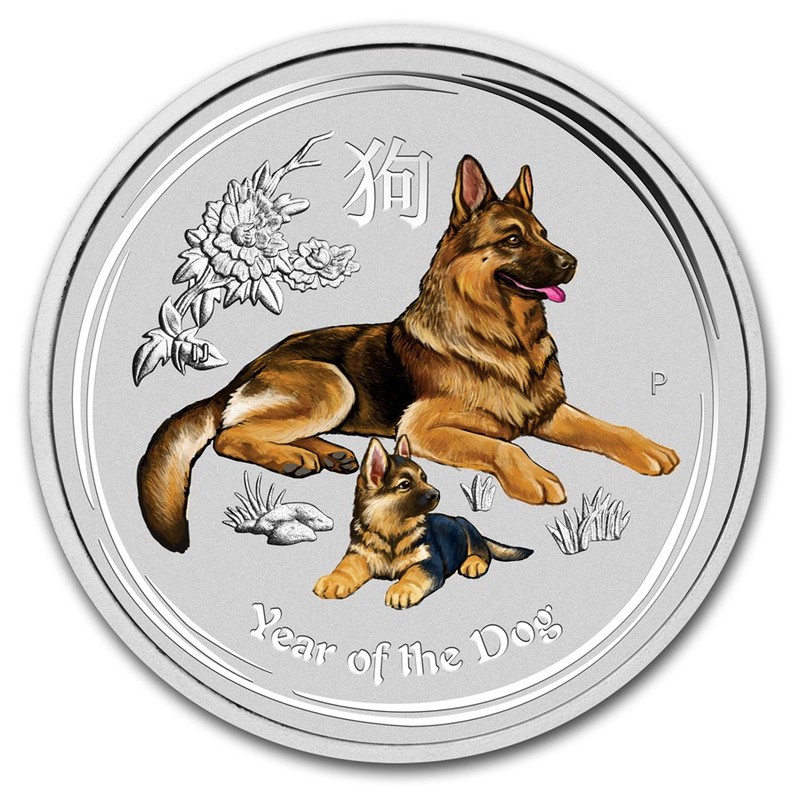 Серебряная монета Австралии «Год Собаки» с цветным изображением 2018 г.в., 31.1 г чистого серебра (проба 0.9999)