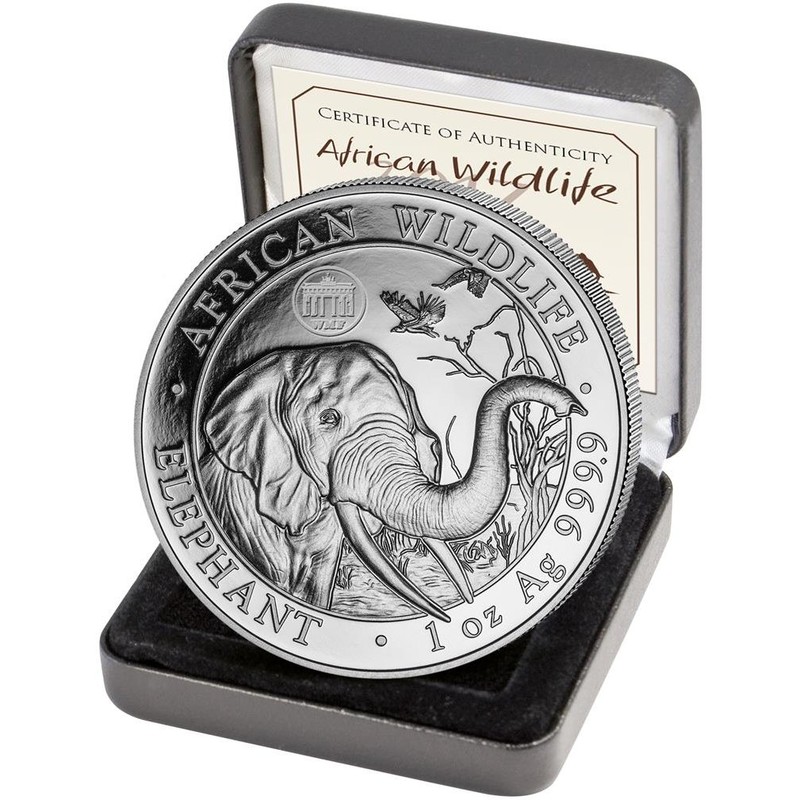 Серебряная монета Сомали «Слон» - WMF (Всемирная выставка денег), 2018 г.в., 31.1 г чистого серебра (проба 0.9999)
